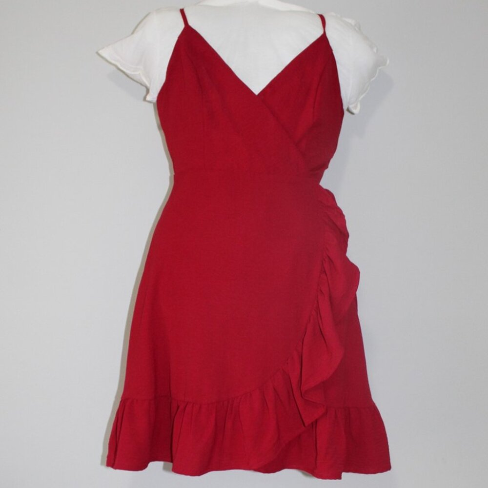 Altar'd State Small Dark Red Faux Wrap Dress With Ruffled Edges Spaghetti Straps
